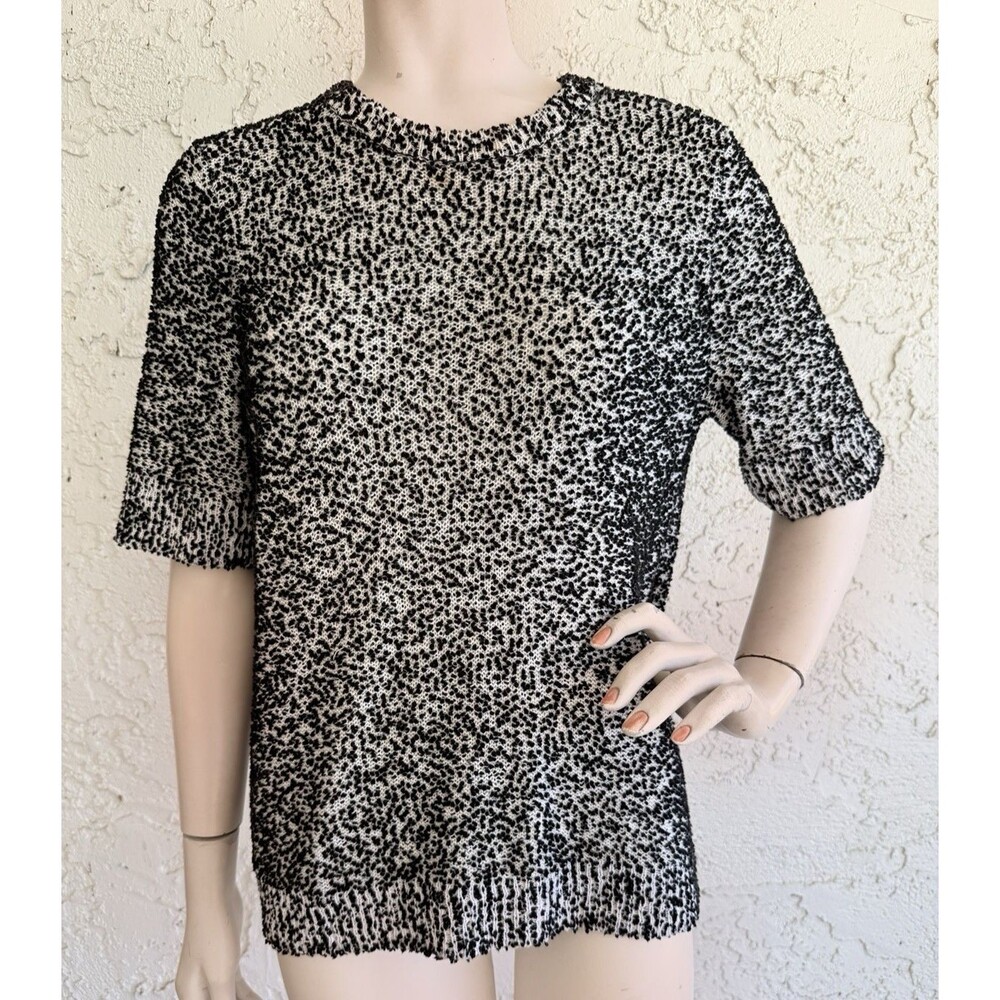 KATE SPADE Sweater Top Black White Textured Boucle Knit Short Sleeves Size L